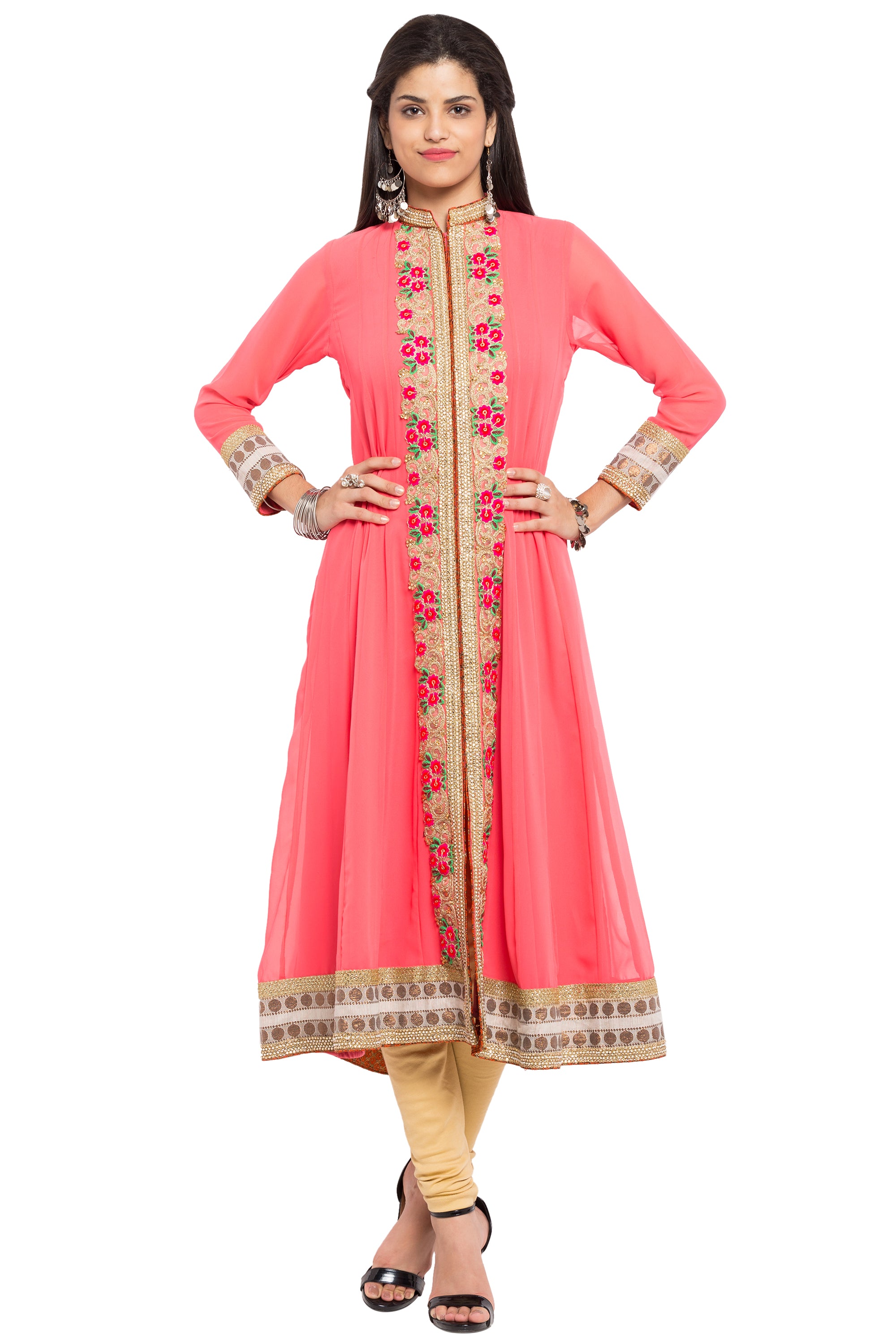 Faux Georgette Flared Kurti Top In Orange