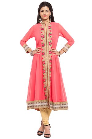 Faux Georgette Flared Kurti Top In Orange