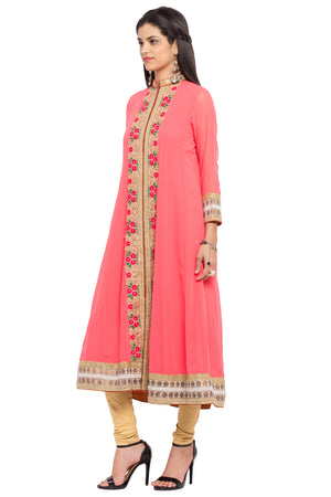 Faux Georgette Flared Kurti Top In Orange