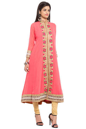 Faux Georgette Flared Kurti Top In Orange