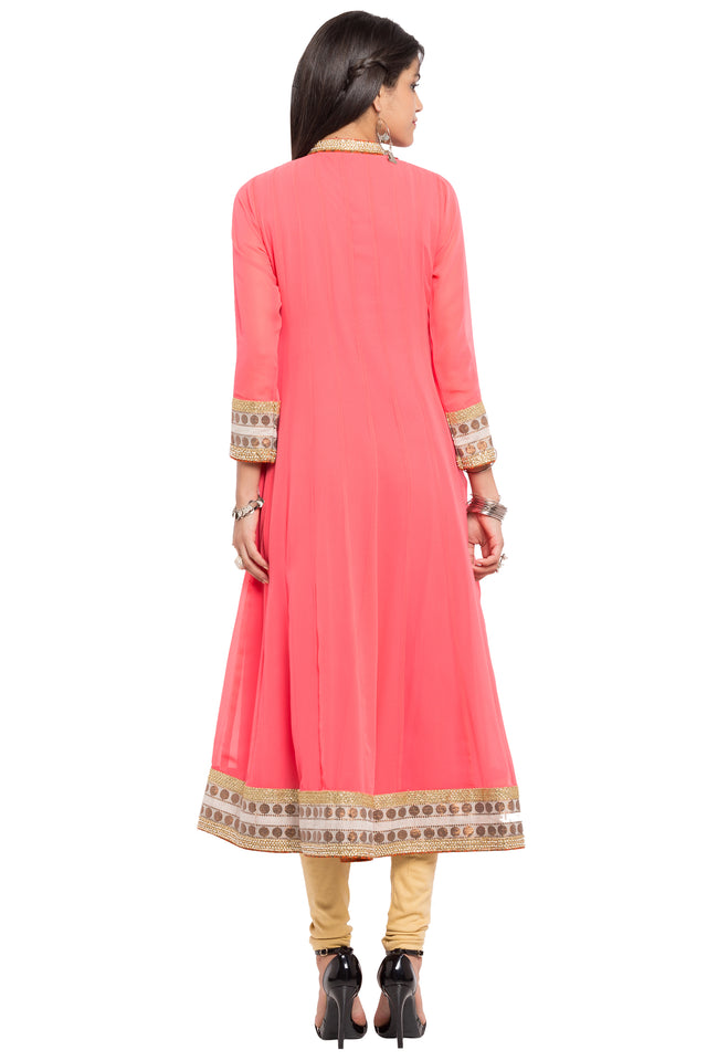 Faux Georgette Flared Kurti Top In Orange