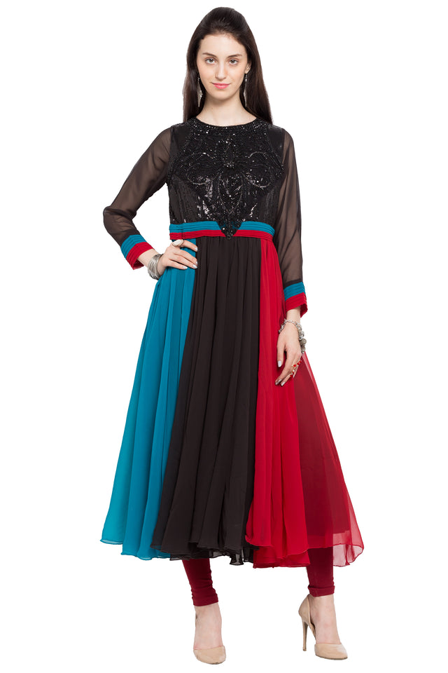 Faux Georgette Flared Kurti Top In Black