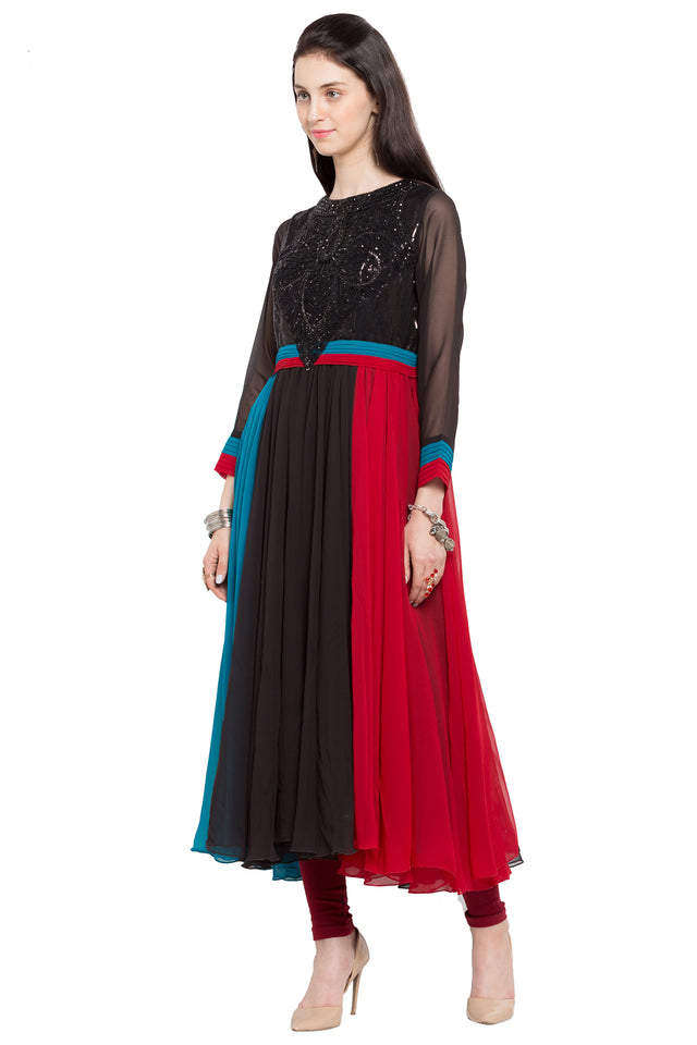 Faux Georgette Flared Kurti Top In Black