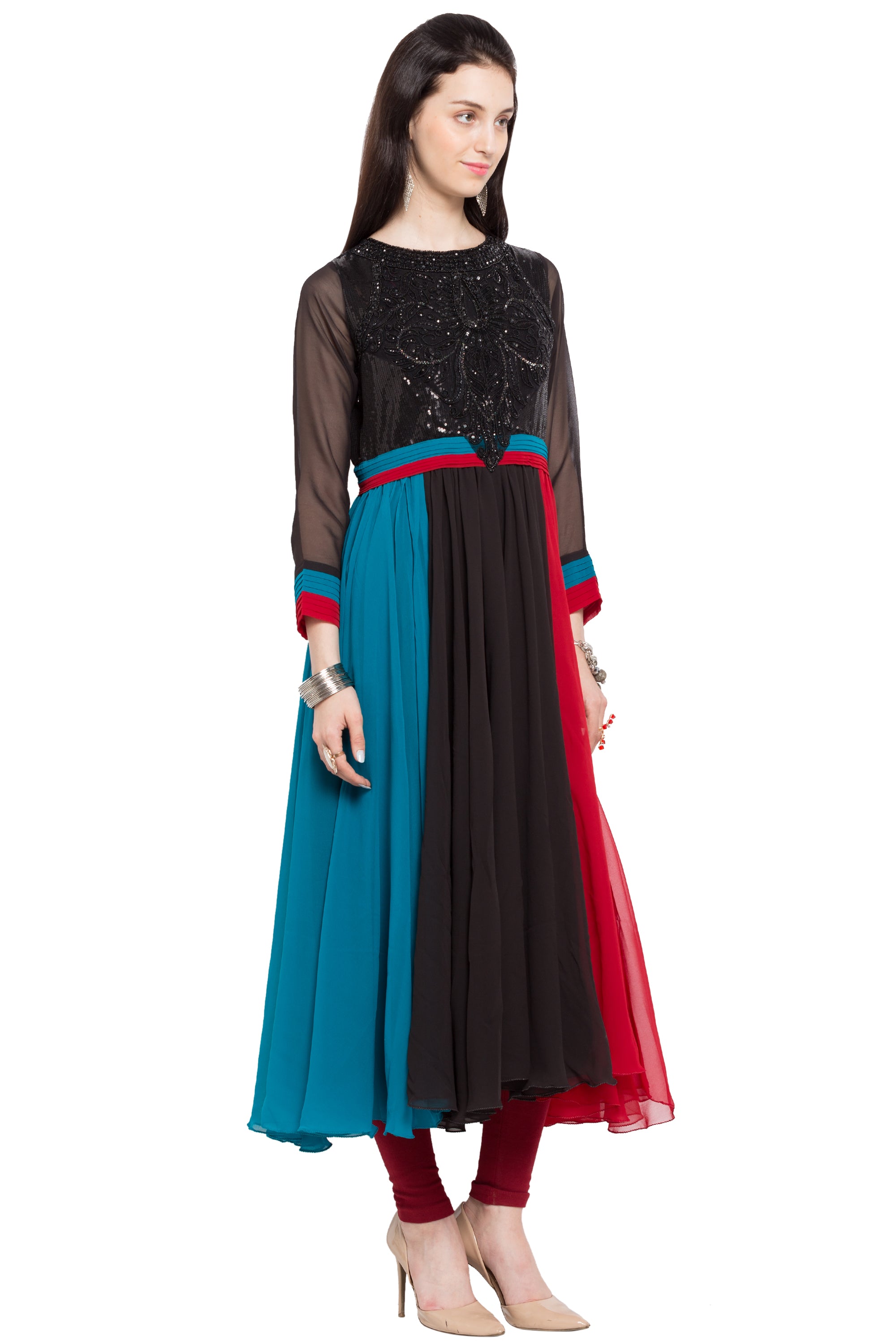 Faux Georgette Flared Kurti Top In Black