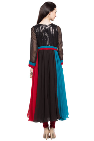 Faux Georgette Flared Kurti Top In Black