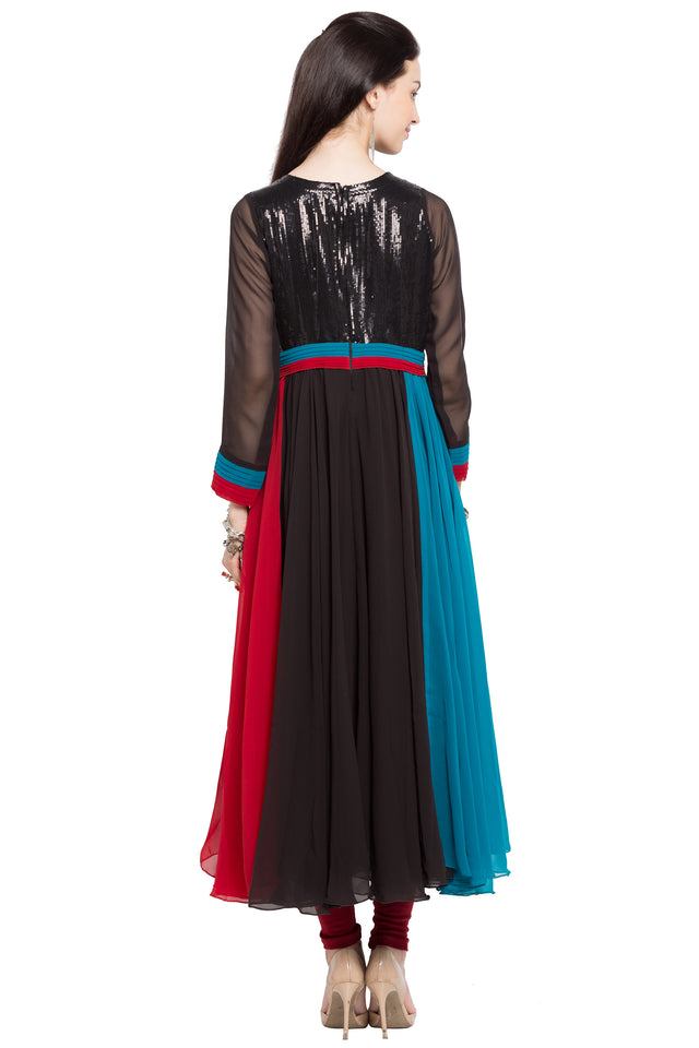 Faux Georgette Flared Kurti Top In Black