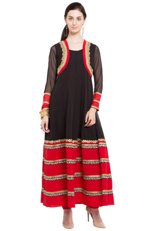 Faux Georgette Flared Kurti Top In Black
