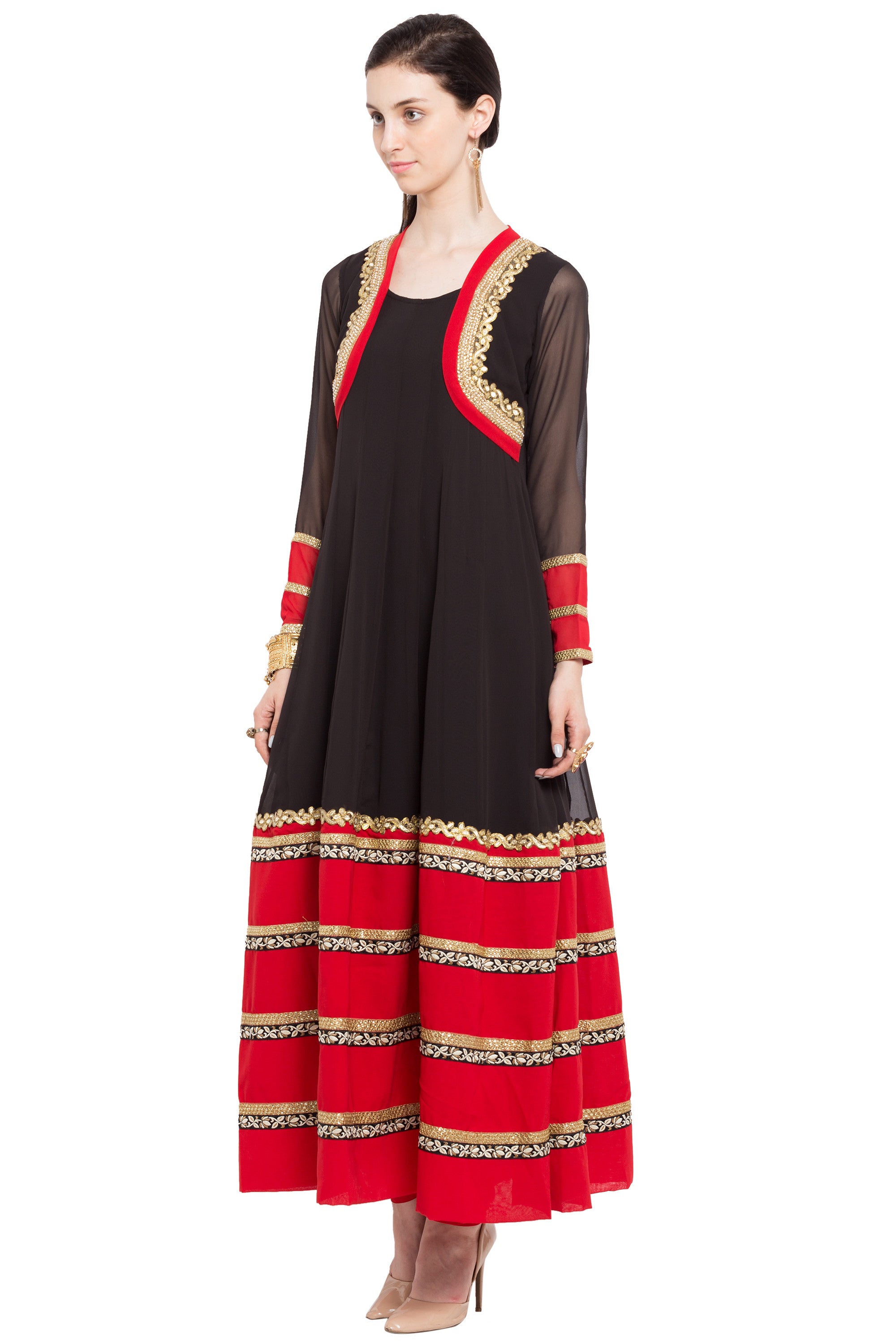 Faux Georgette Flared Kurti Top In Black