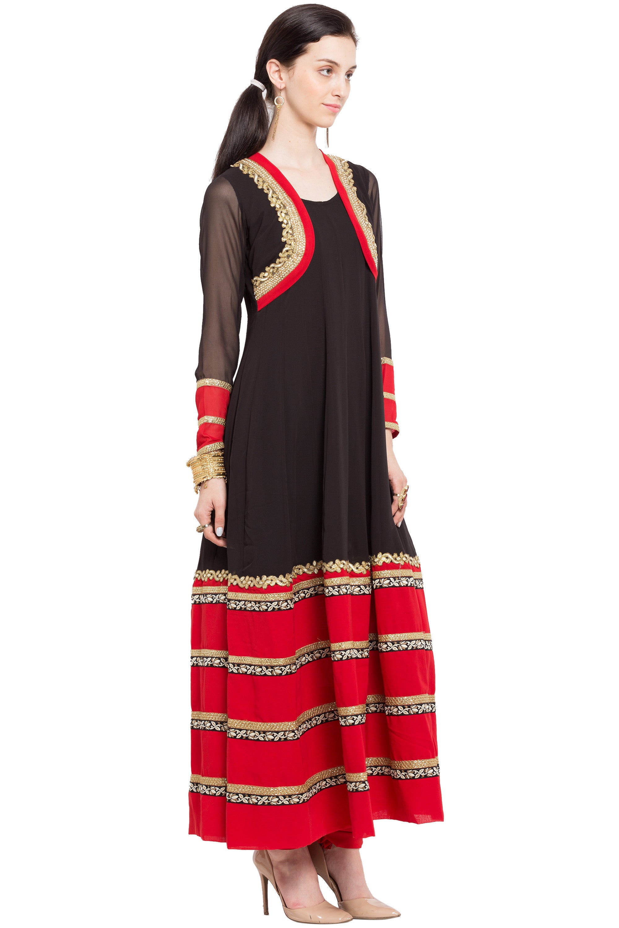 Faux Georgette Flared Kurti Top In Black