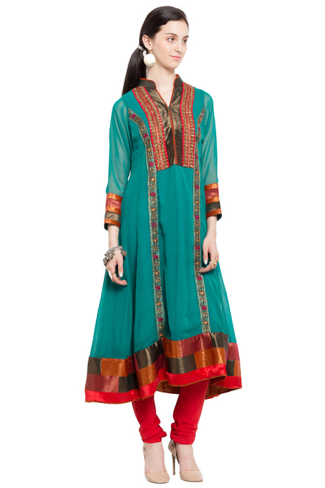 Faux Georgette Flared Kurta Top in Blue - Left Side