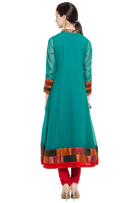 Faux Georgette Flared Kurta Top in Blue - Back