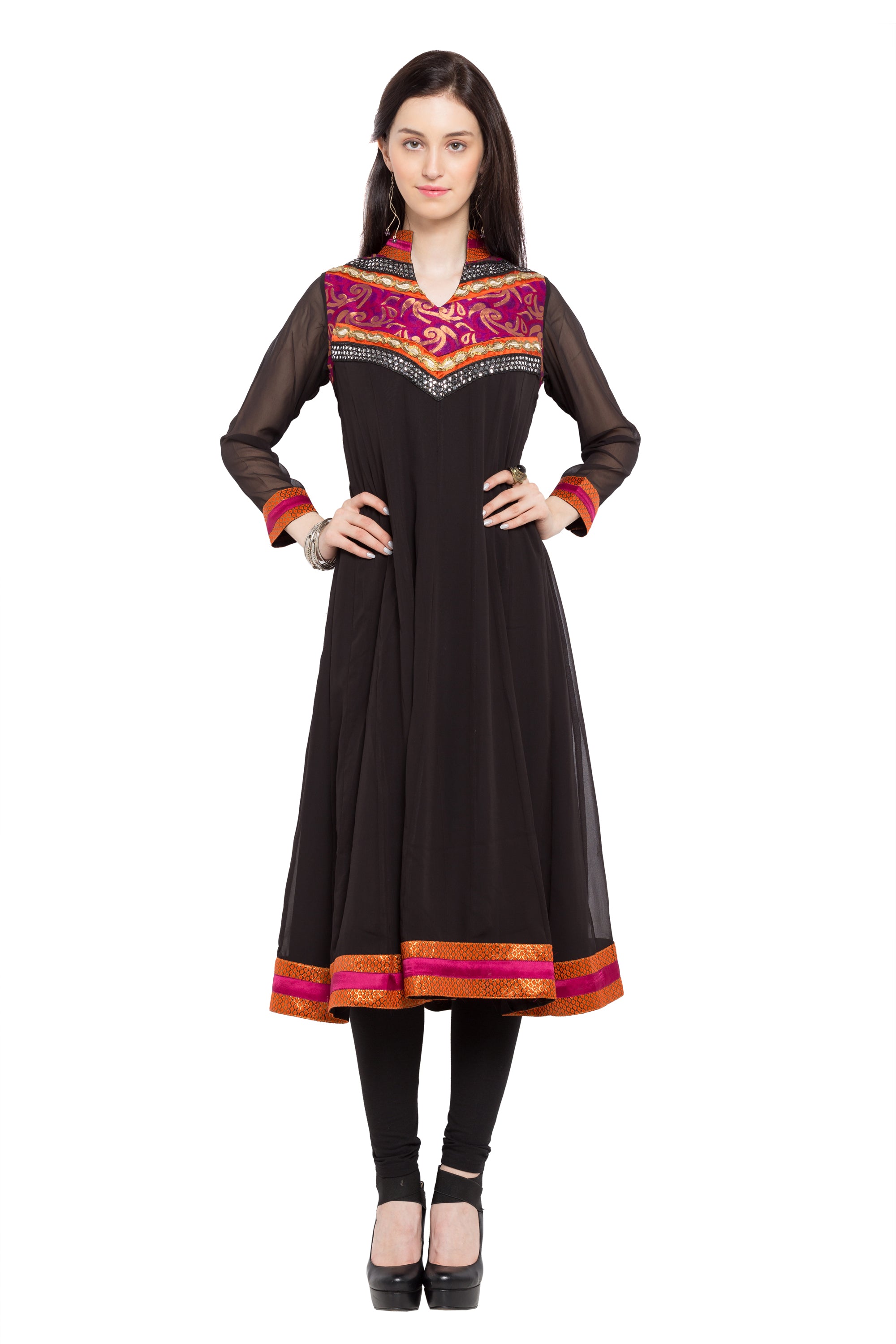 Faux Georgette Anarkali Kurti Top In Black