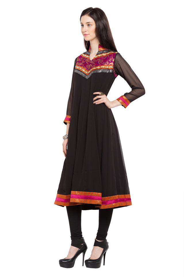 Faux Georgette Anarkali Kurti Top In Black