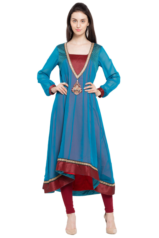 Faux Georgette High-Low Kurti Top In Blue