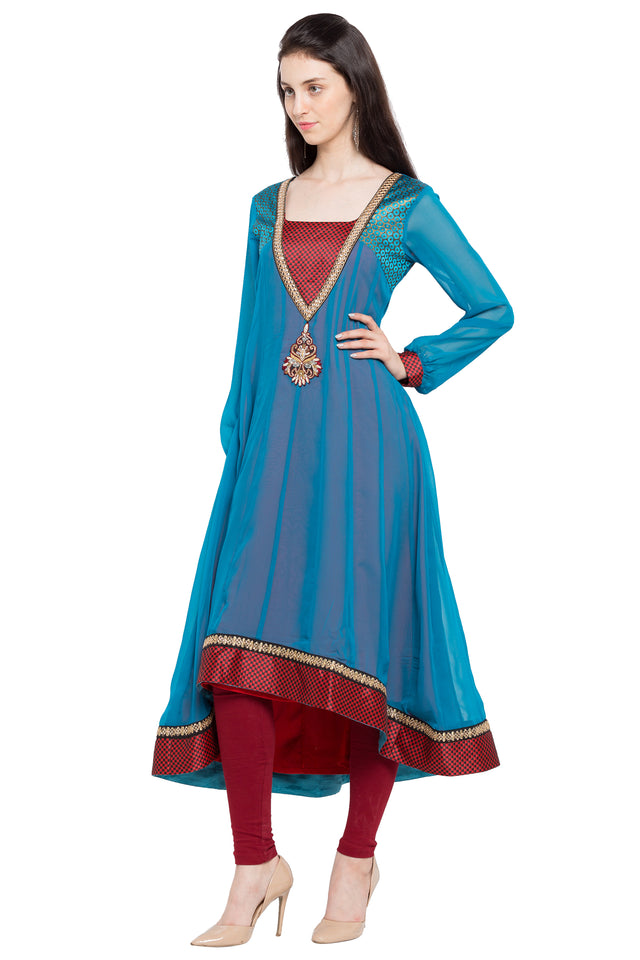 Faux Georgette High-Low Kurti Top In Blue