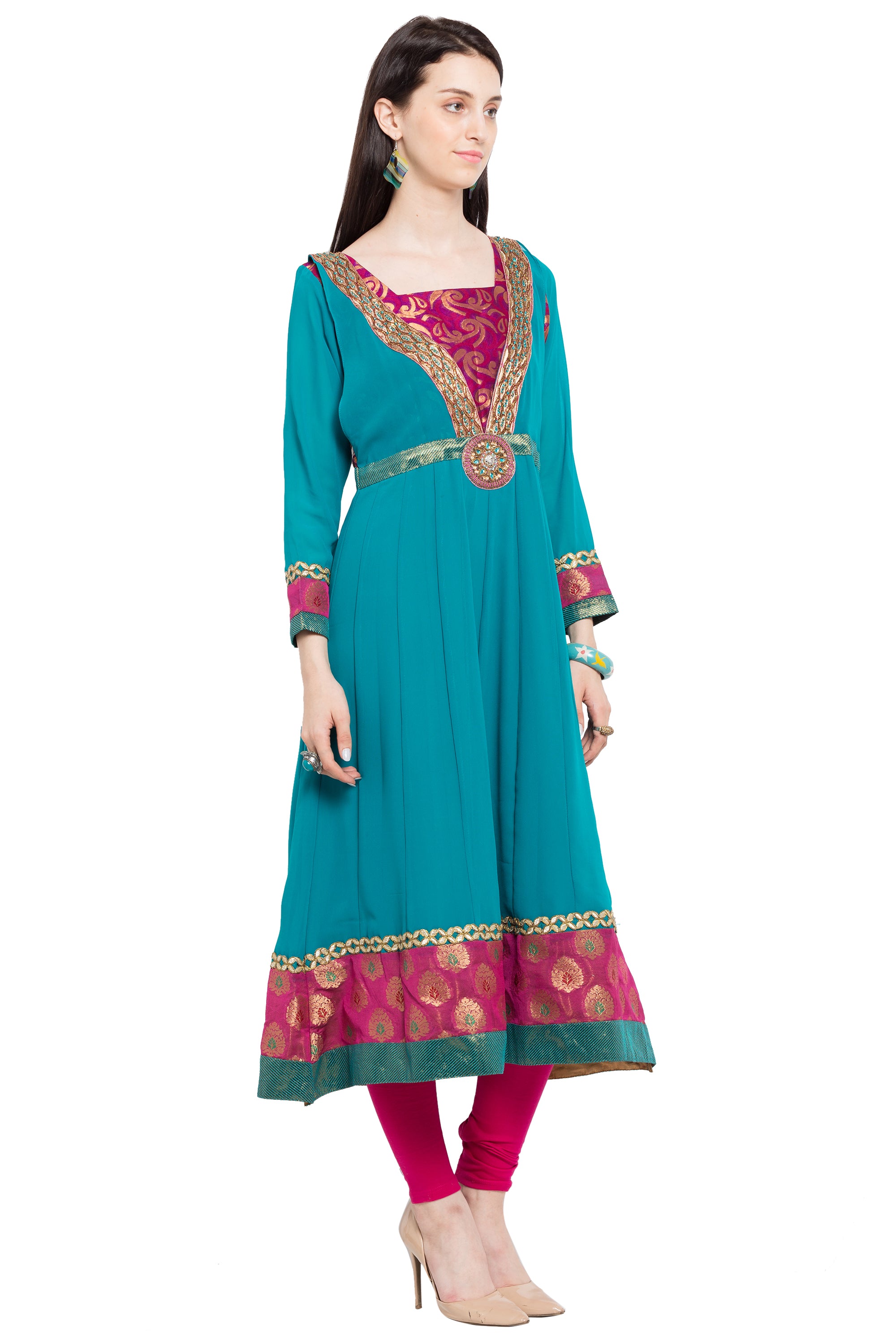 Faux Georgette Anarkali Kurta Top in Blue - Left Side