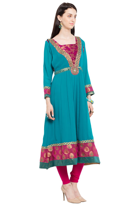 Faux Georgette Anarkali Kurta Top in Blue - Left Side