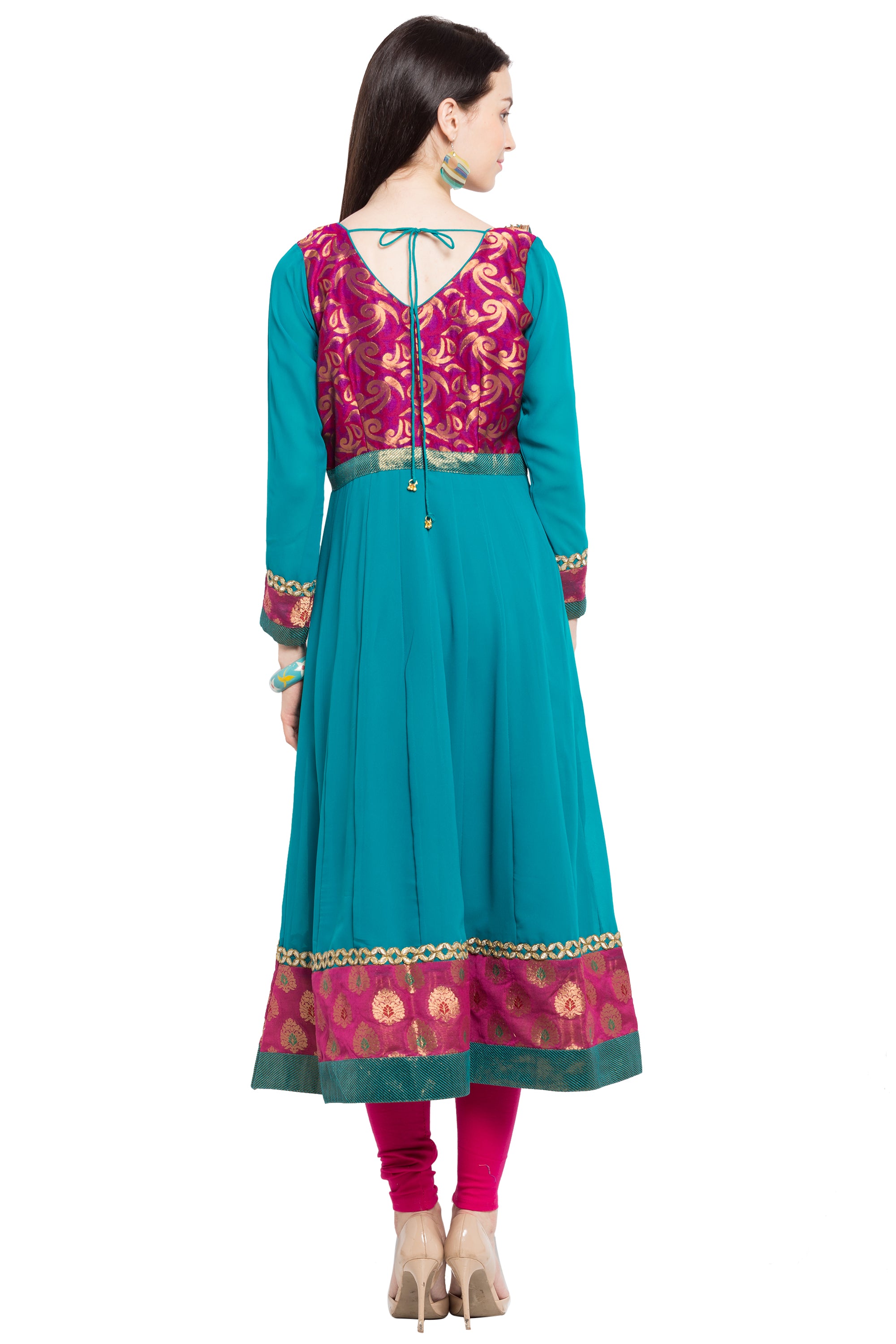 Faux Georgette Anarkali Kurta Top in Blue - Back