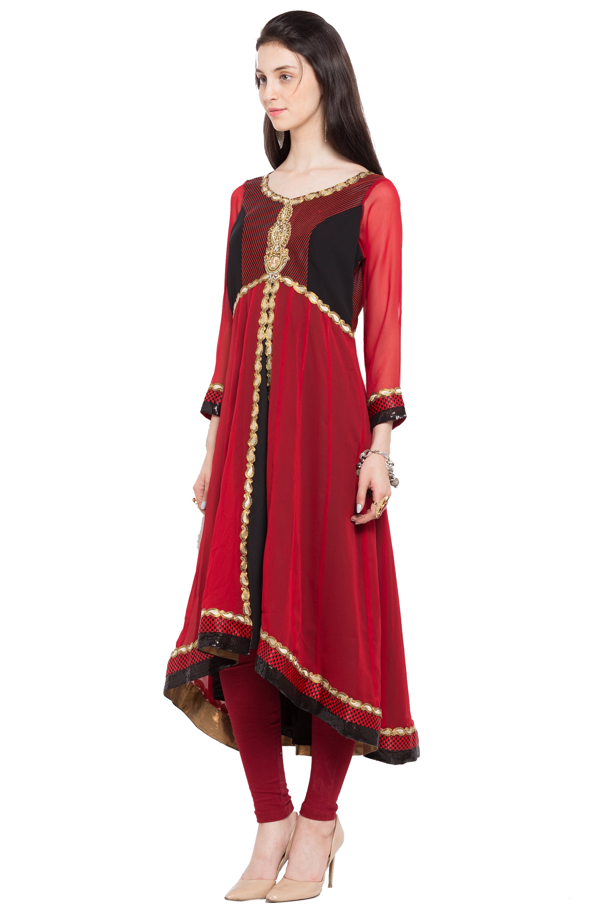 Faux Georgette High-Low Kurti Top In Red