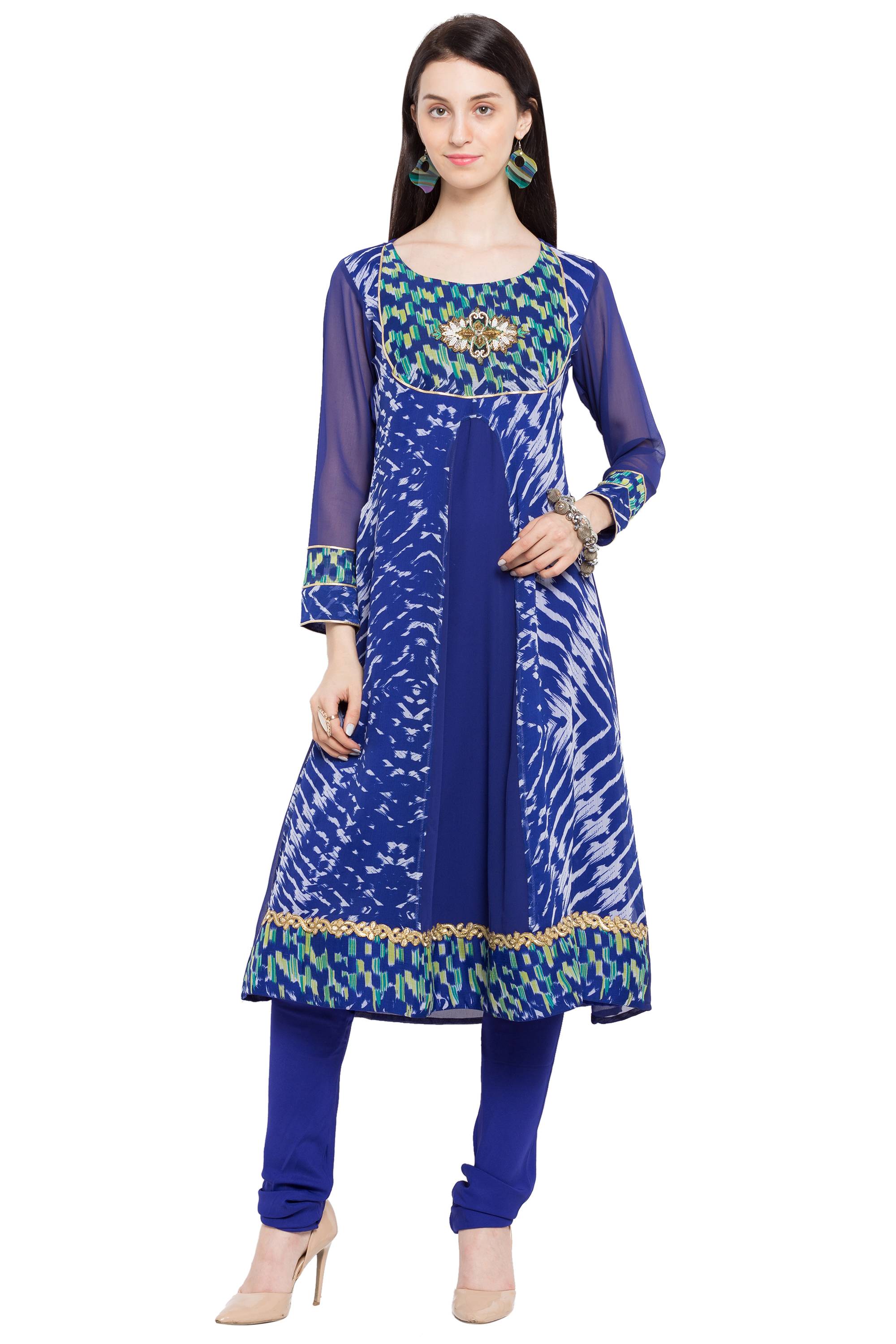 Faux Georgette Flared Kurti In Blue