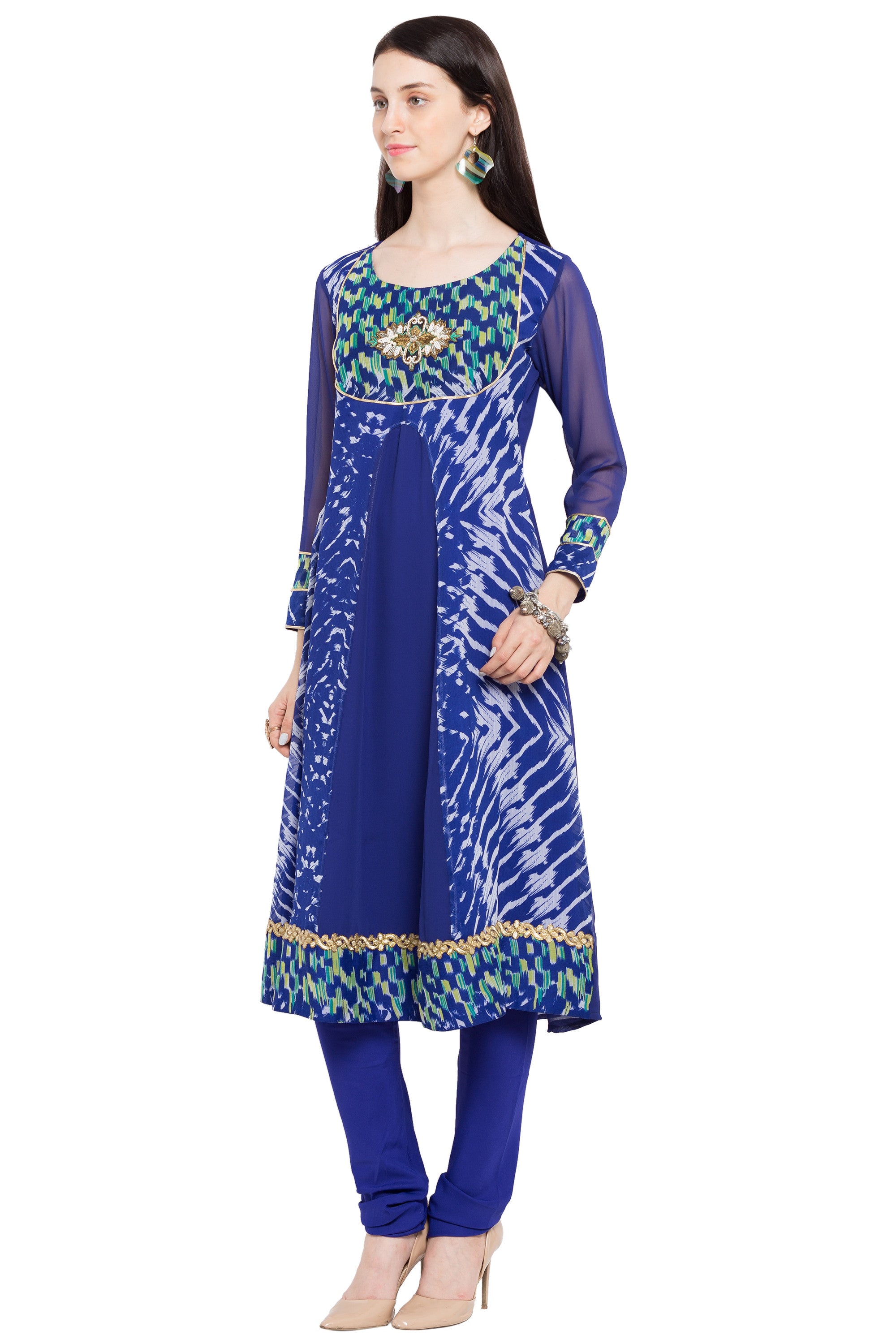 Faux Georgette Flared Kurti In Blue