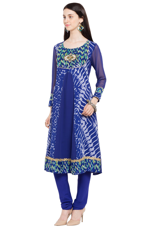 Faux Georgette Flared Kurti In Blue