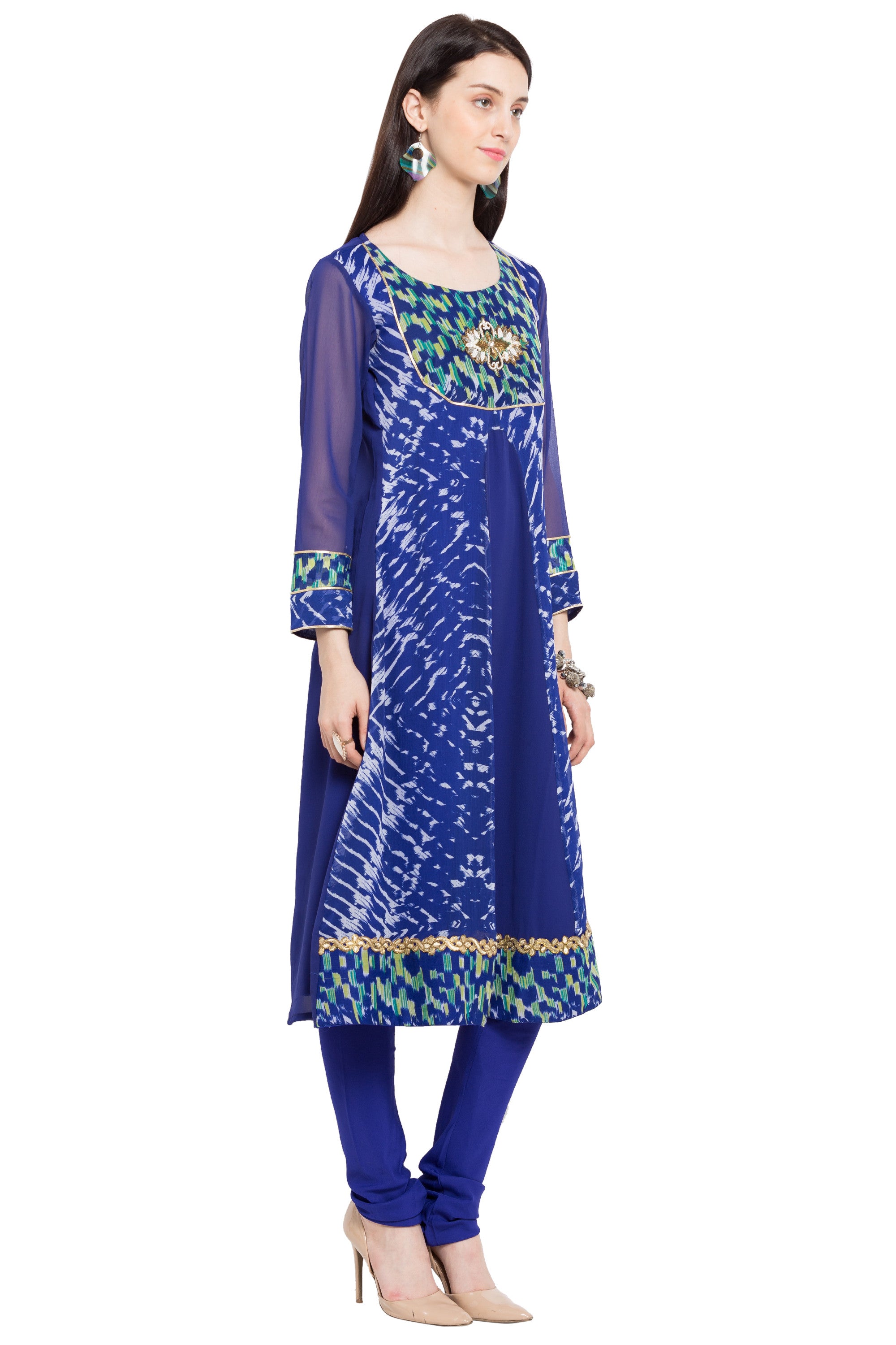Faux Georgette Flared Kurti In Blue