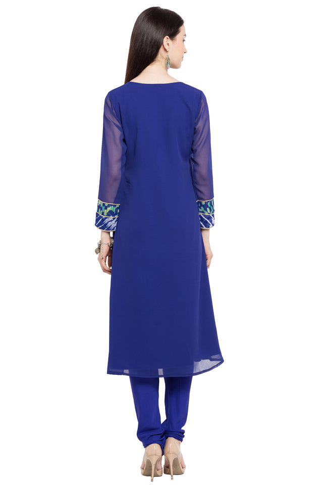 Faux Georgette Flared Kurti In Blue