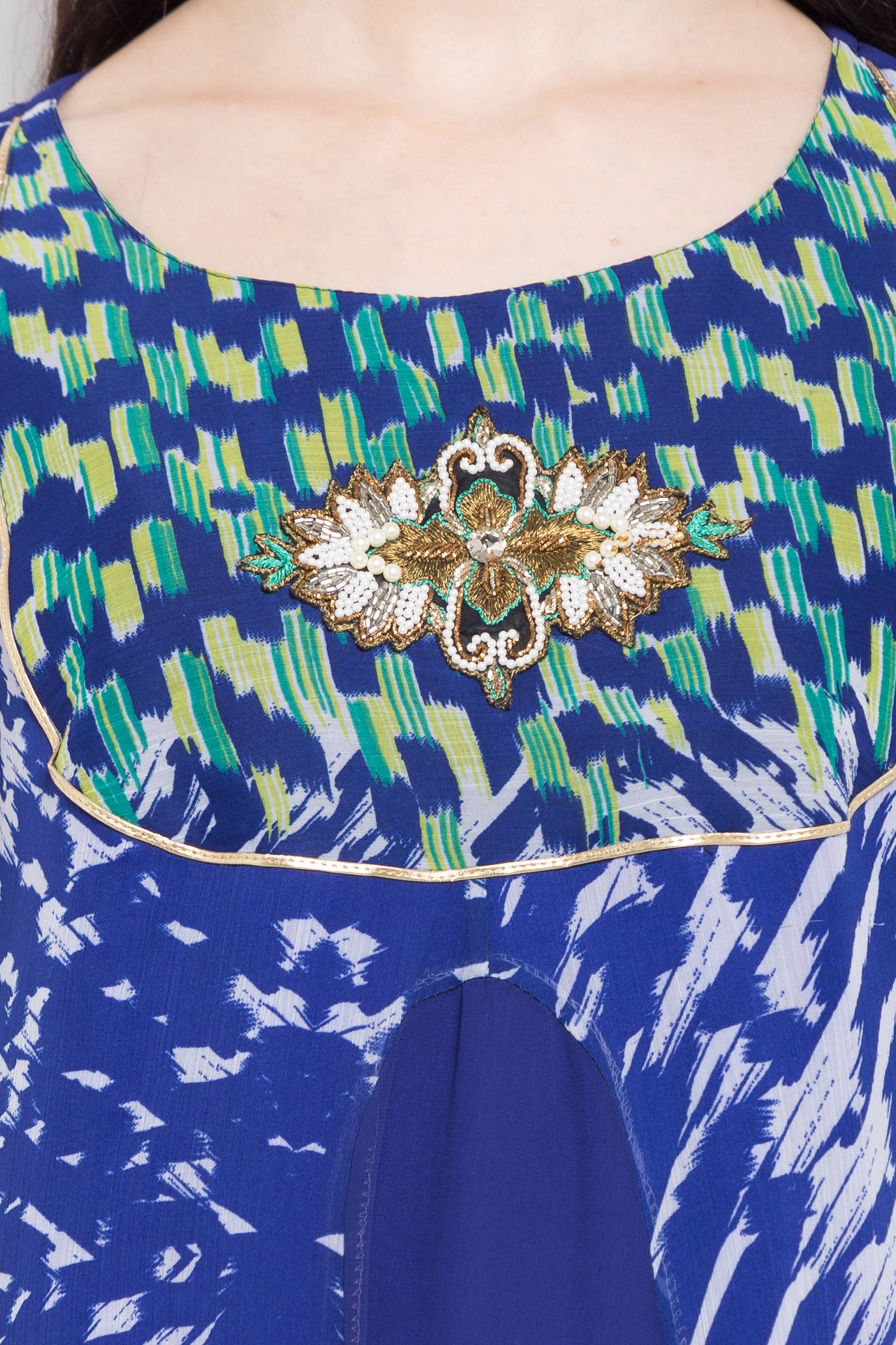 Faux Georgette Flared Kurti In Blue