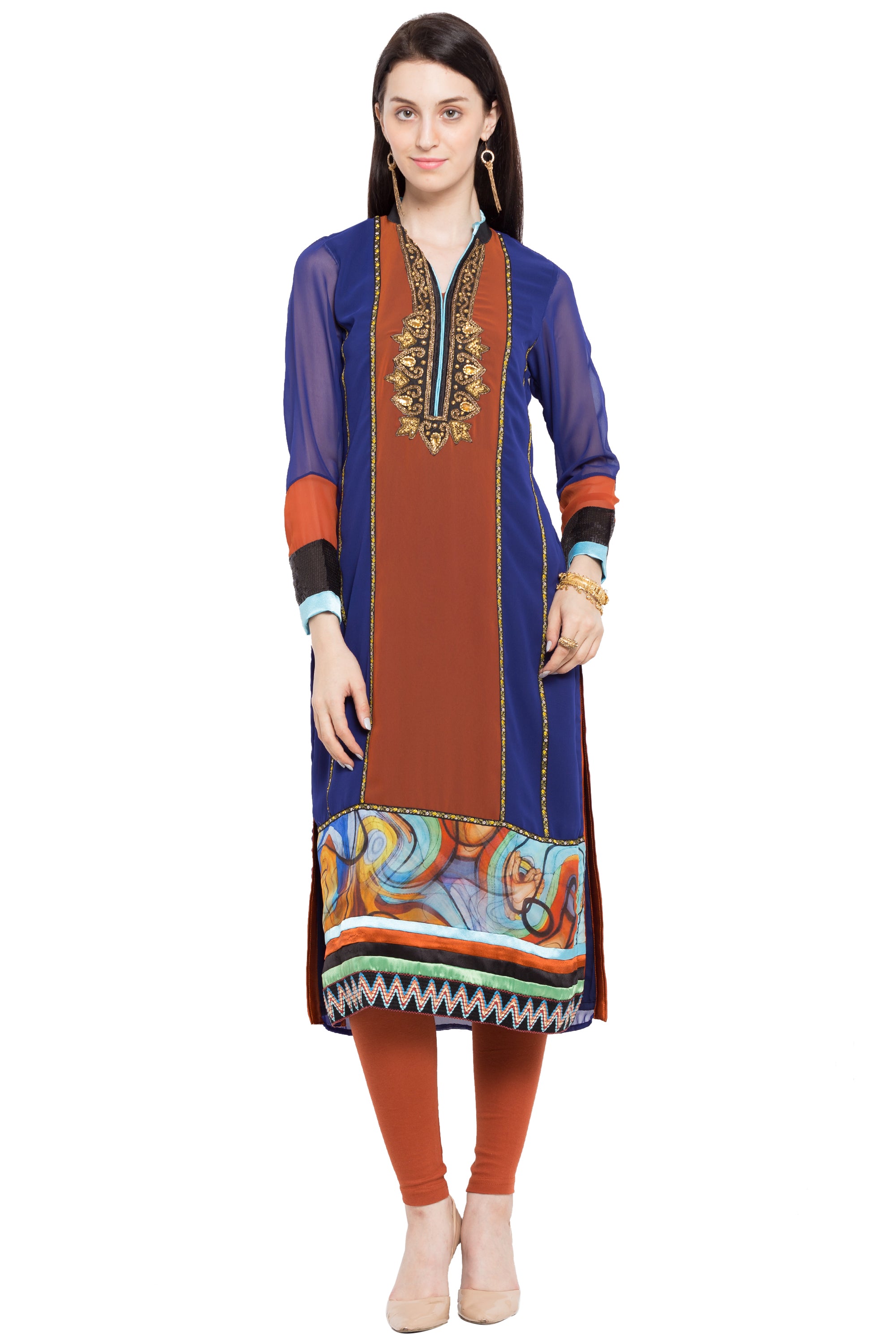 Faux Georgette Straight Kurta Top in Blue