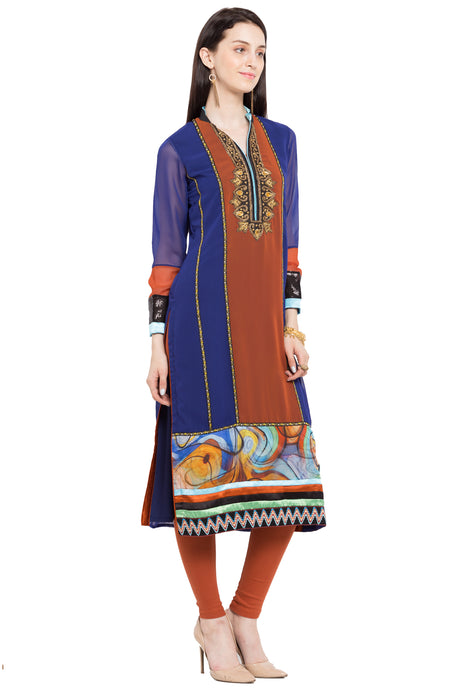 Faux Georgette Straight Kurta Top in Blue - Left Side