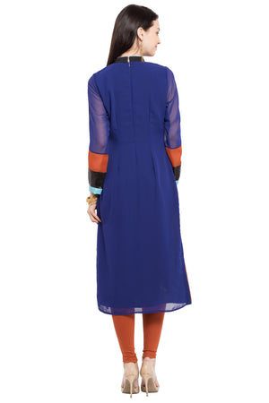 Faux Georgette Straight Kurta Top in Blue - Back