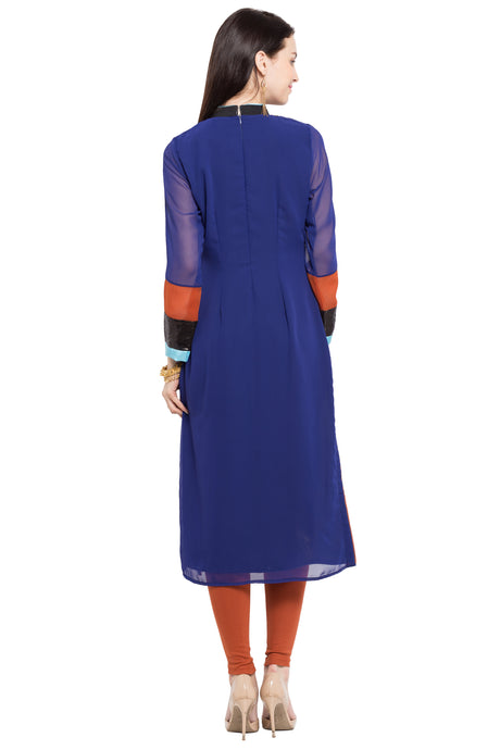 Faux Georgette Straight Kurta Top in Blue - Back