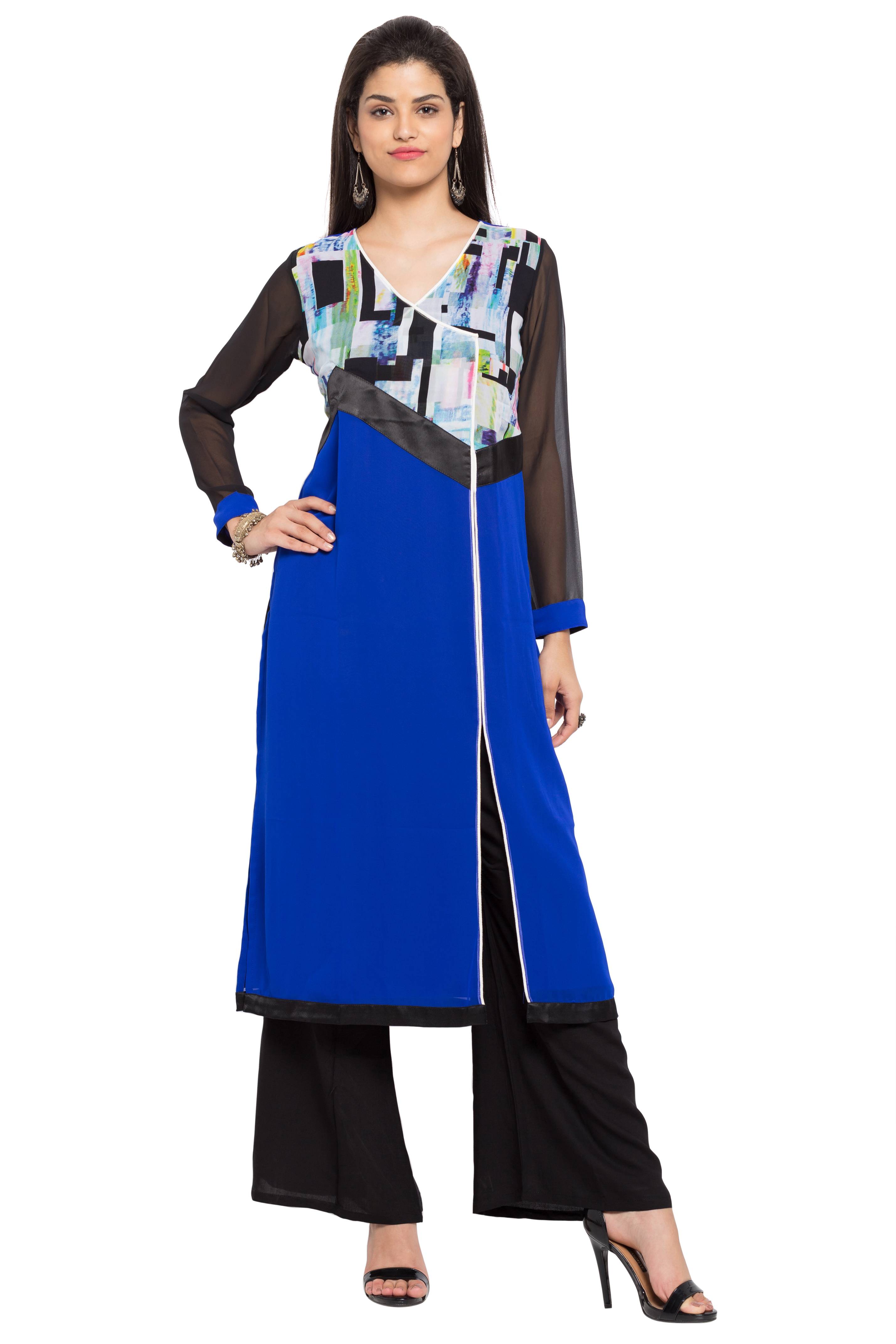 Faux Georgette Straight Kurti Top In Blue