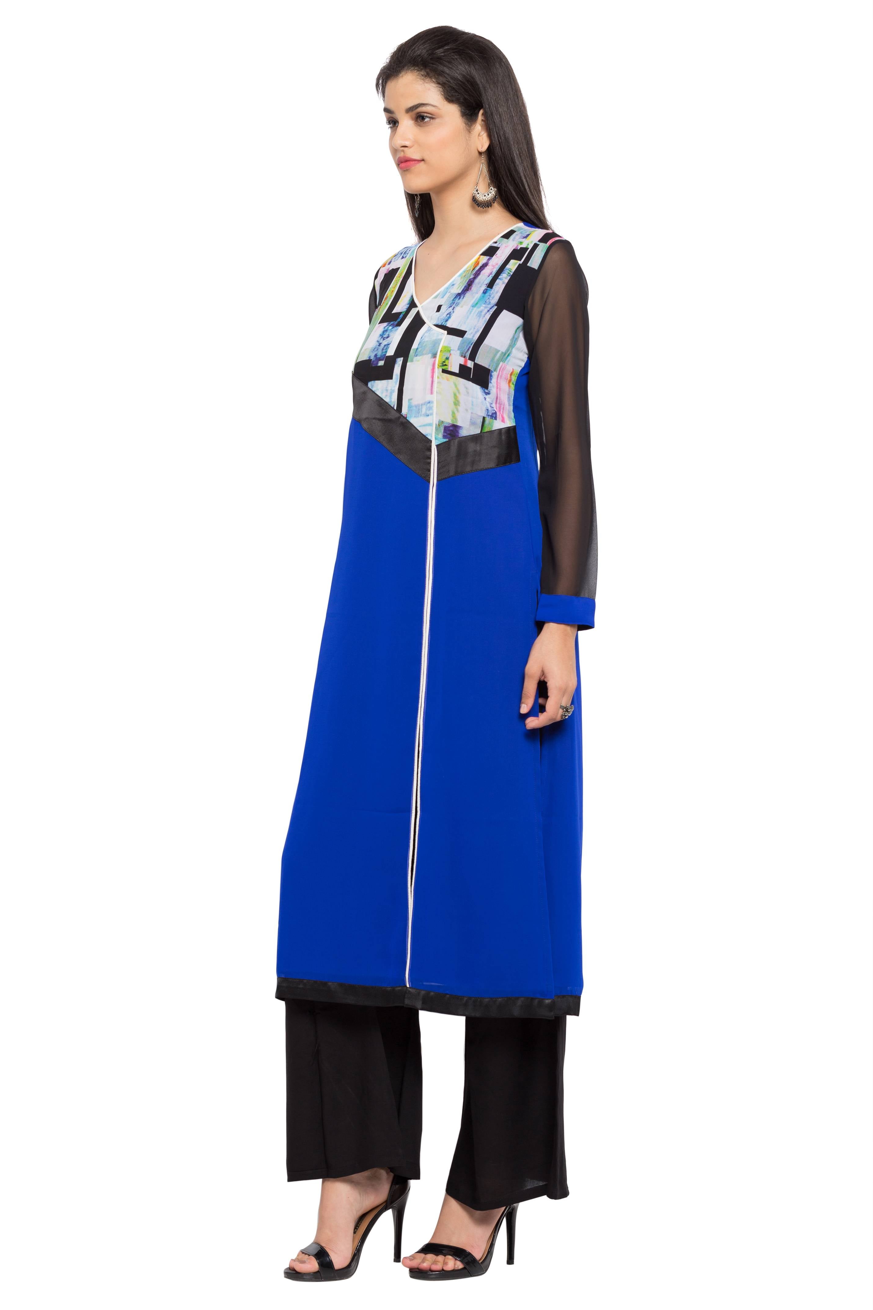 Faux Georgette Straight Kurti Top In Blue