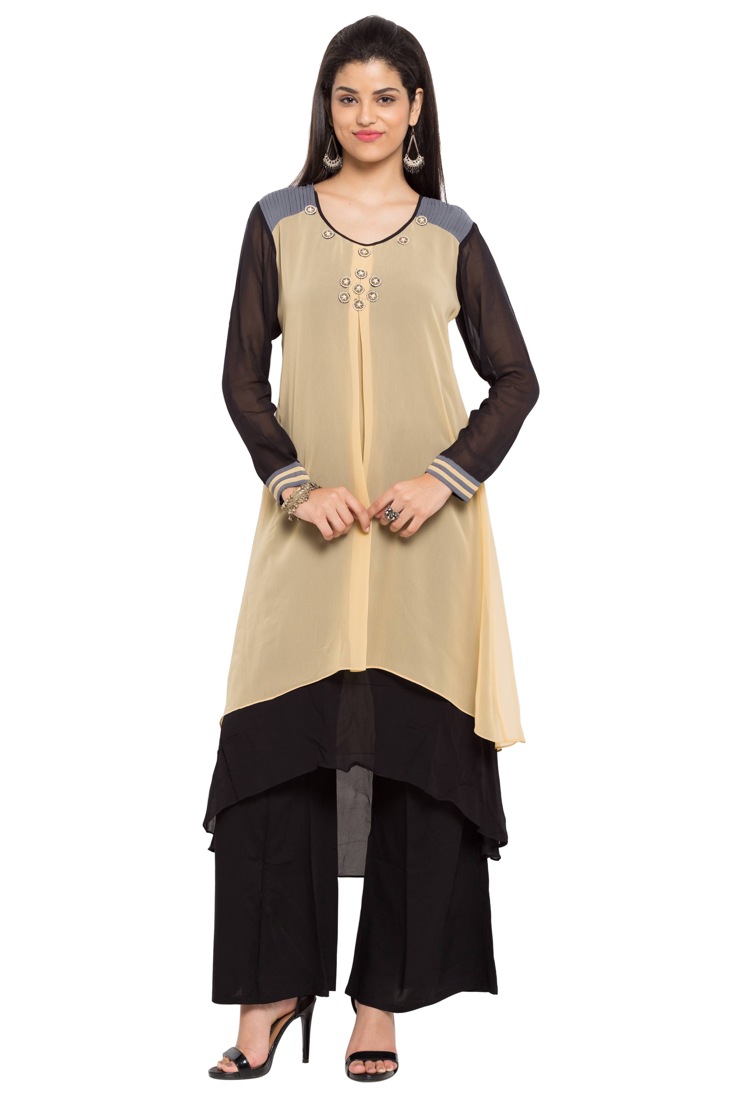 Faux Georgette High-Low Kurti Top In Beige