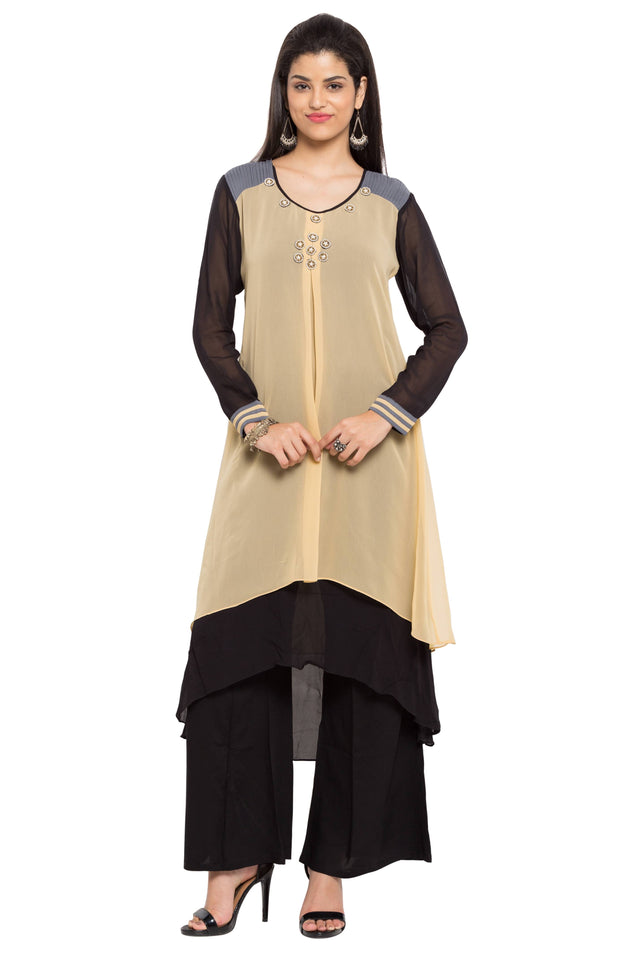 Faux Georgette High-Low Kurti Top In Beige
