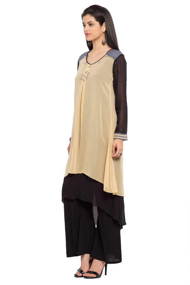 Faux Georgette High-Low Kurti Top In Beige