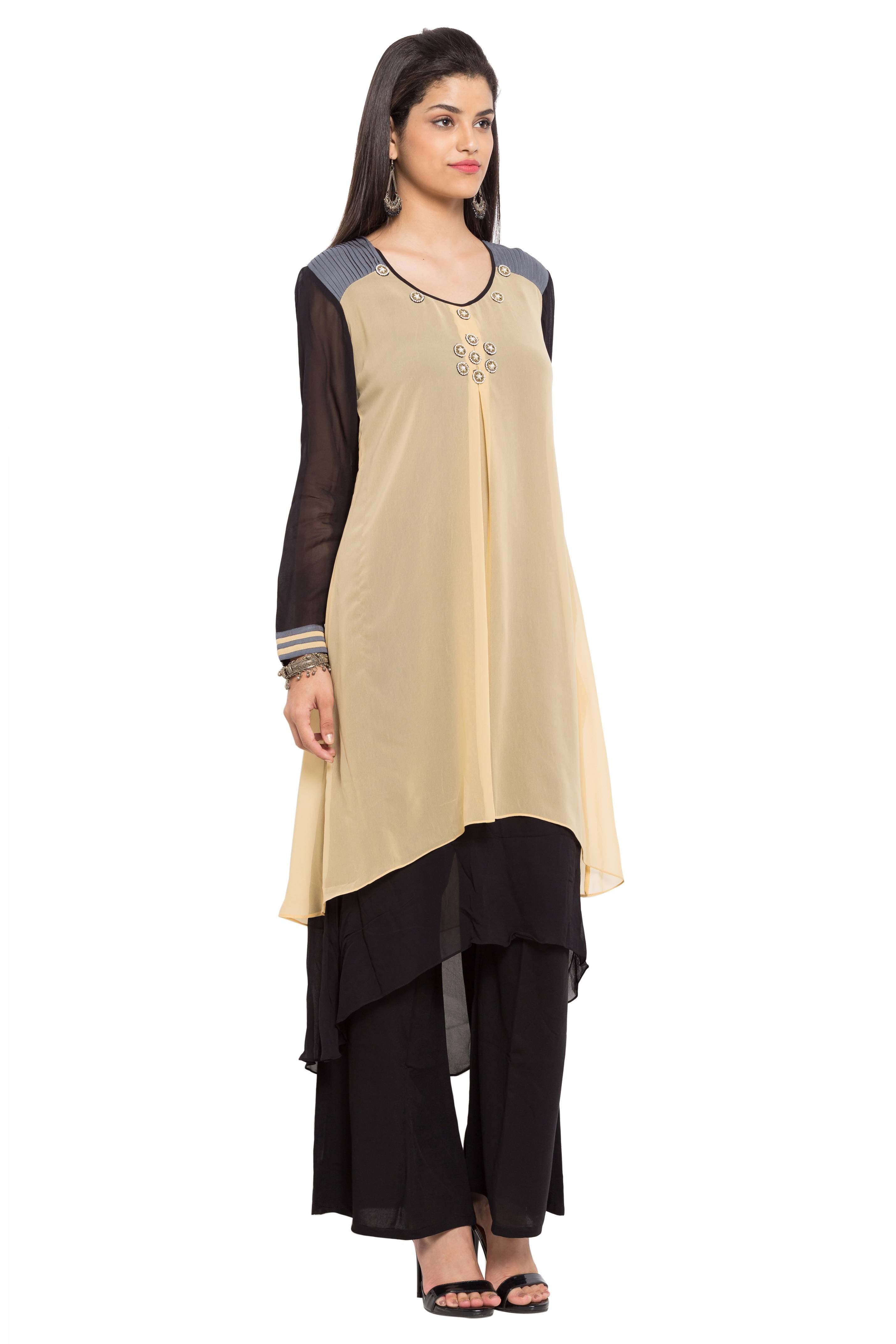 Faux Georgette High-Low Kurti Top In Beige