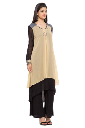 Faux Georgette High-Low Kurti Top In Beige