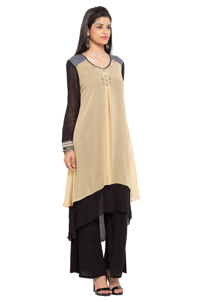 Faux Georgette High-Low Kurti Top In Beige