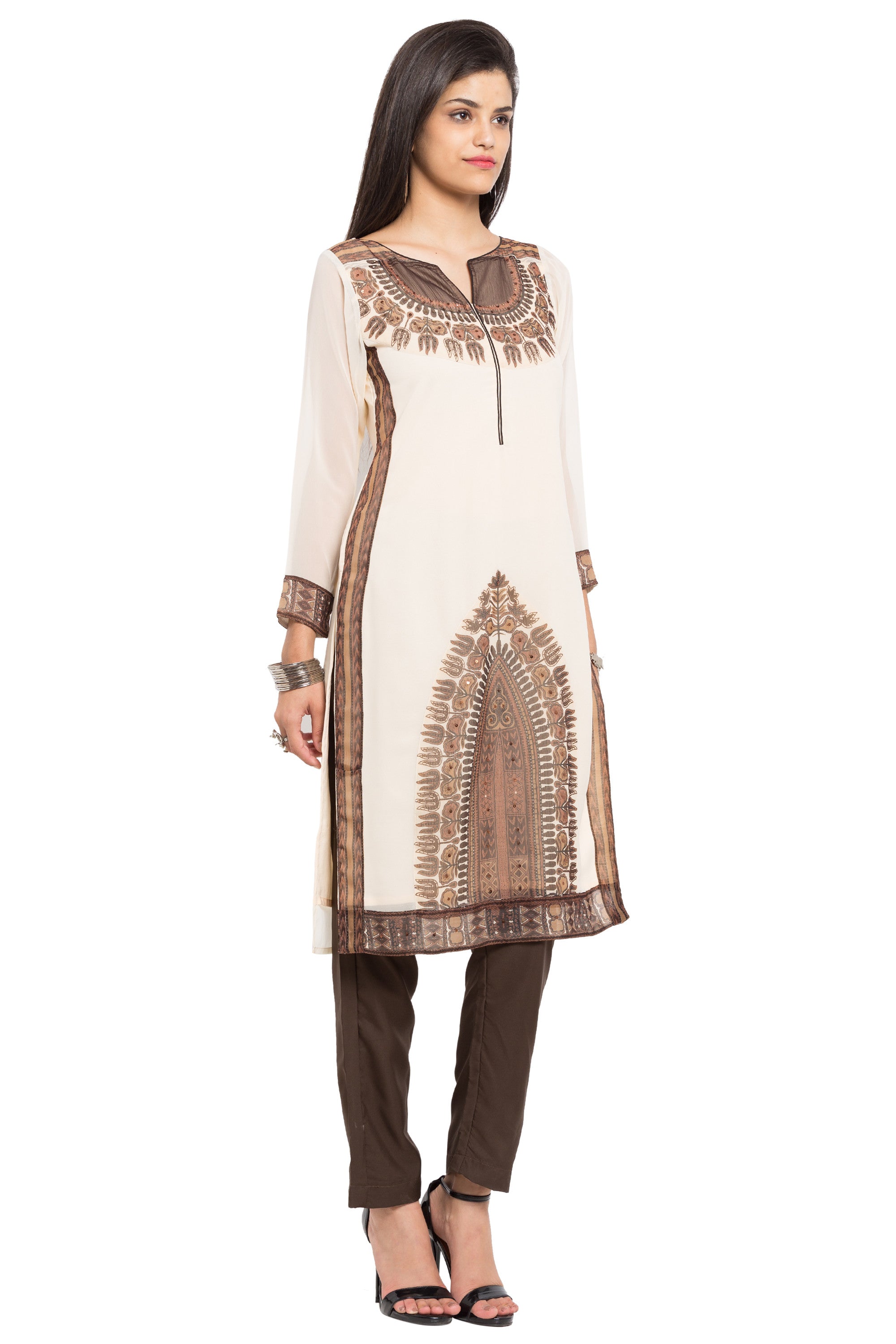Faux Georgette Straight Kurti In Brown