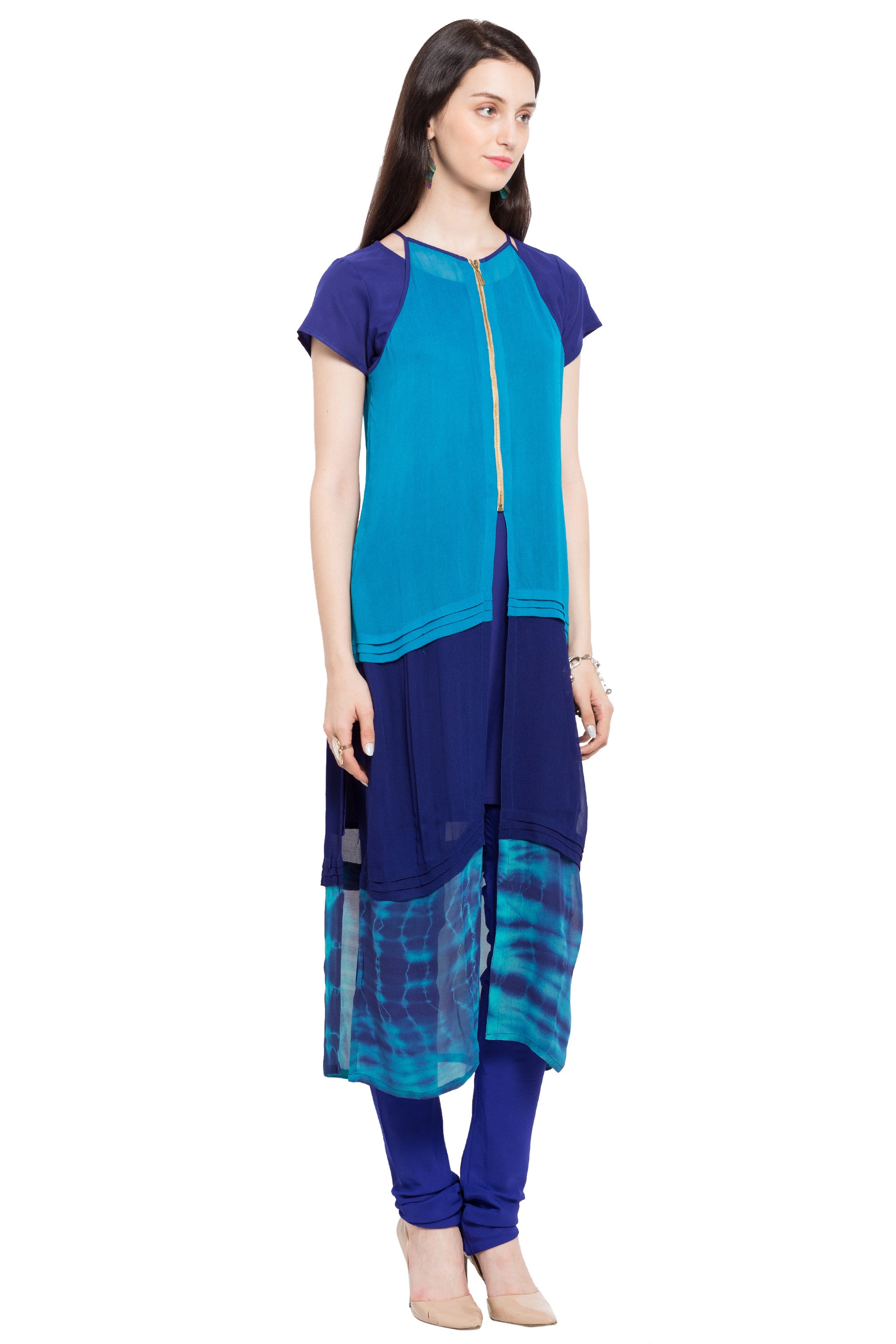 Faux Georgette Straight Kurta Top in Blue - Left Side