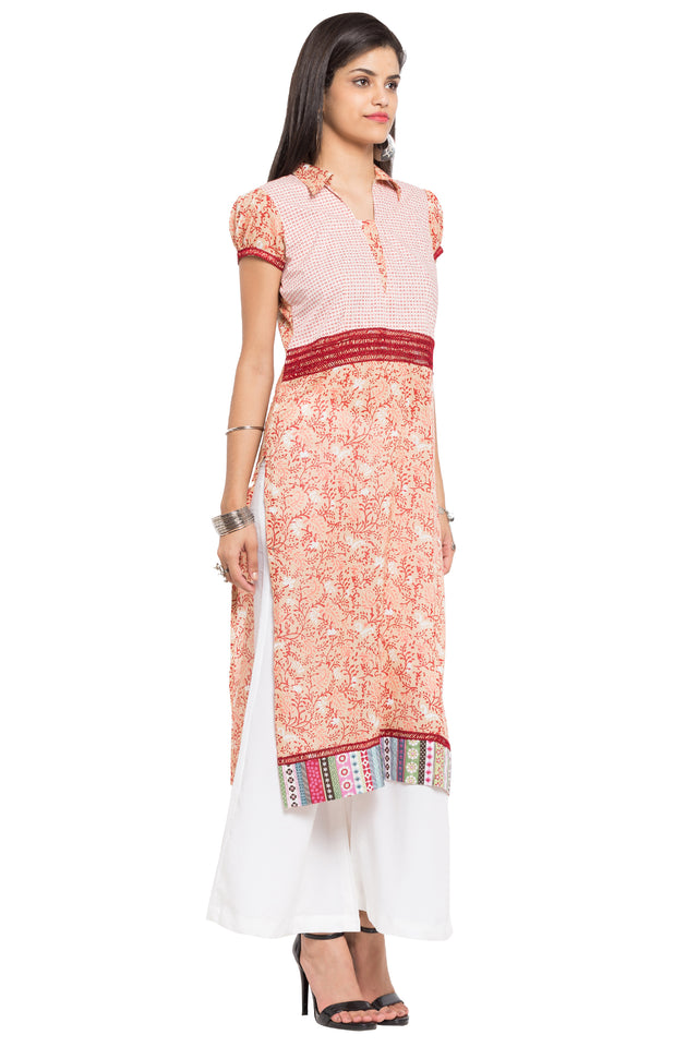 Blended Cotton Straight Kurti Top In Orange