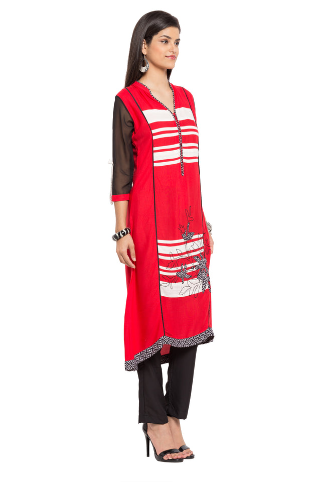 Blended Cotton A-Line Kurti Top In Red