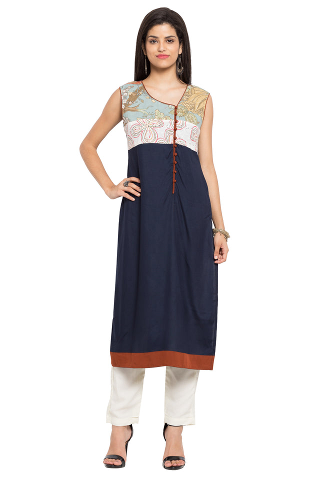 Blended Cotton A-Line Kurti In Blue