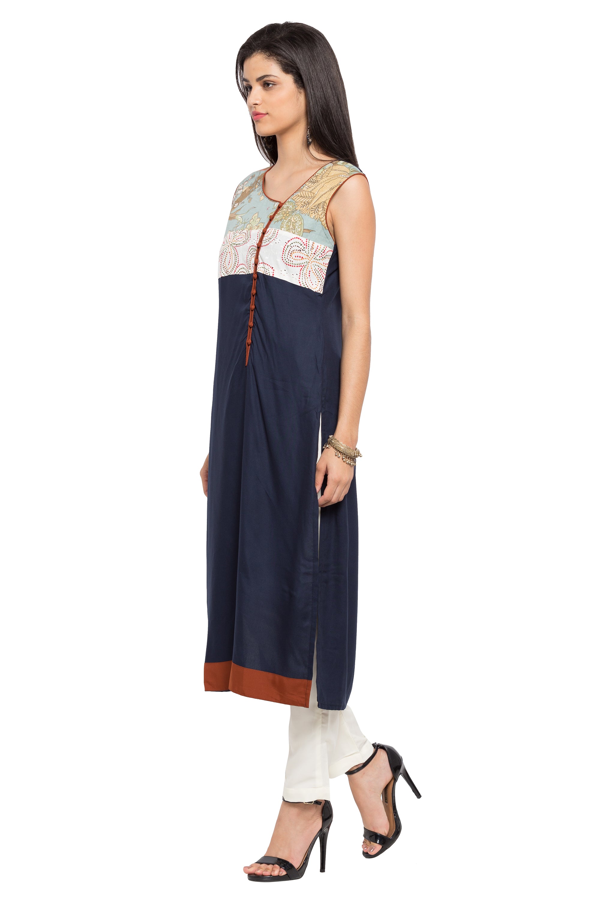 Blended Cotton A-Line Kurti In Blue