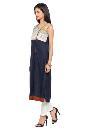 Blended Cotton A-Line Kurti In Blue