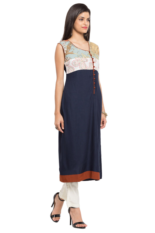 Blended Cotton A-Line Kurti In Blue