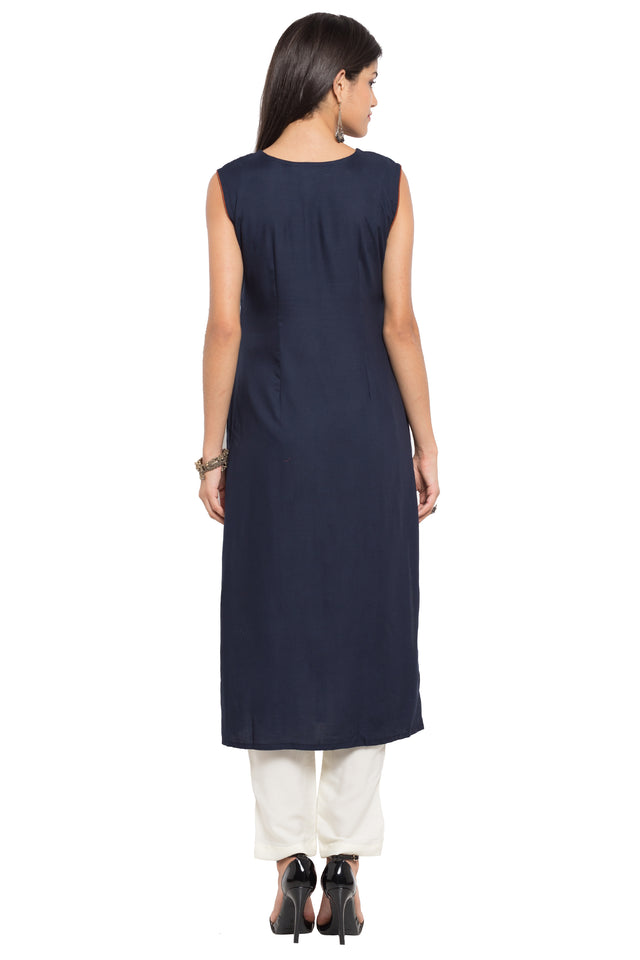 Blended Cotton A-Line Kurti In Blue